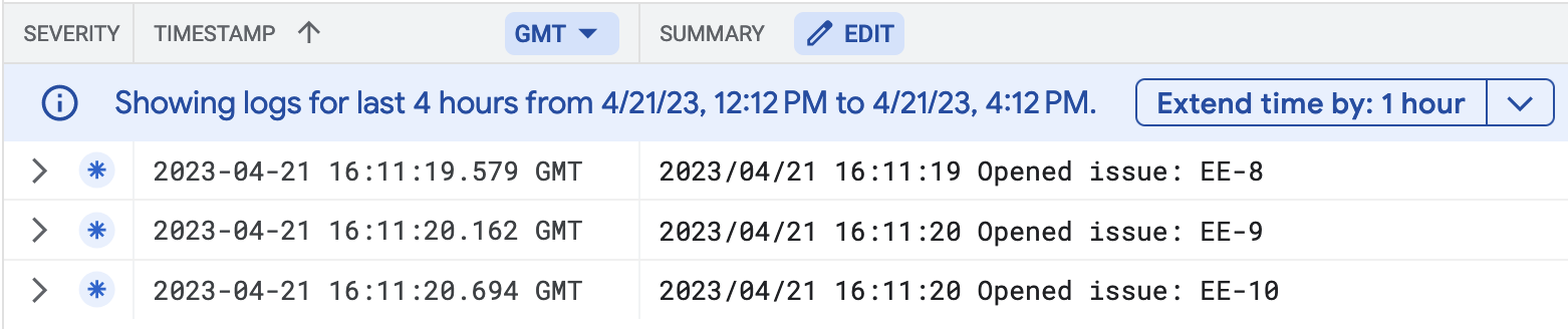Screenshot of logs in Google Log Explorer showing Opened issue entries