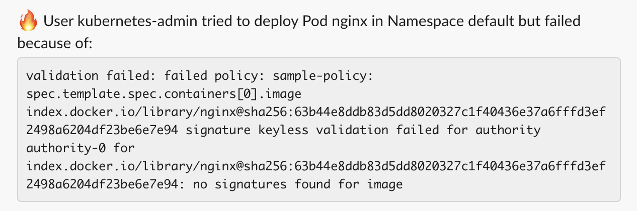 Screenshot of Slack message from Enforce webhook