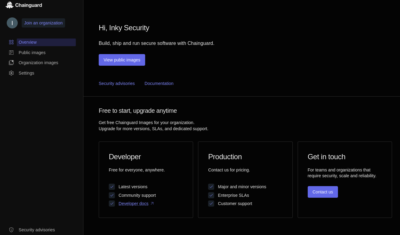 Screenshot showing the Chainguard Console&rsquo;s Overview page.