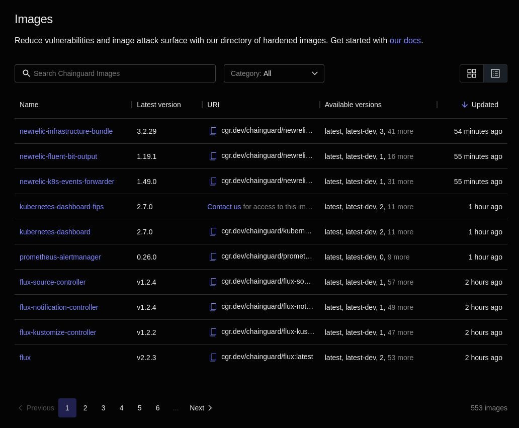 Screenshot of the public Images directory in the Console, showing the tabular view. The table is sorted by the &ldquo;Updated&rdquo; column in ascending order, meaning that the most recently updated columns are shown first.