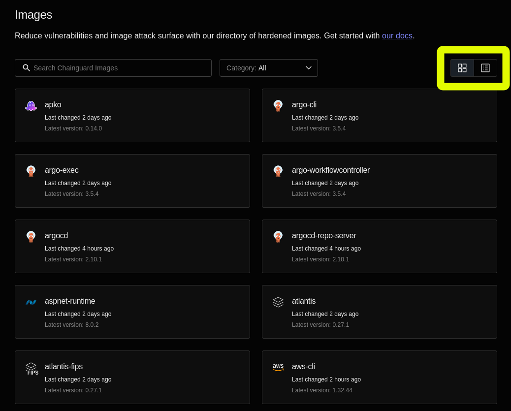 Screenshot of the public Images directory in the Console showing the card view. The toggle buttons that switch between the card view and the table view are highlighted in a yellow box.