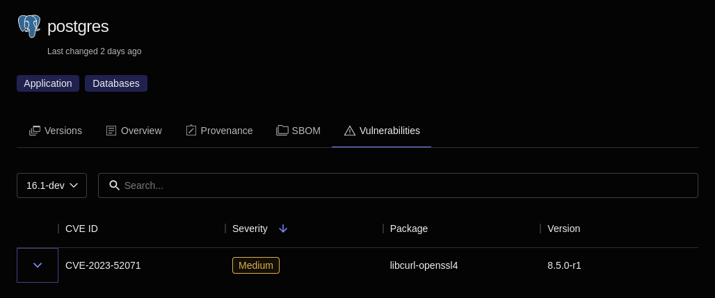 Screenshot of the postgres Image&rsquo;s &ldquo;Vulnerabilities&rdquo; tab, with &ldquo;16.1-dev&rdquo; selected in the version drop-down menu. The table shows one vulnerability, &ldquo;CVE-20234-52071&rdquo;, with a &ldquo;Medium&rdquo; severity. This CVE is associated with version 8.5.0-r1 of the &ldquo;libcurl-opennssl&rdquo; package.