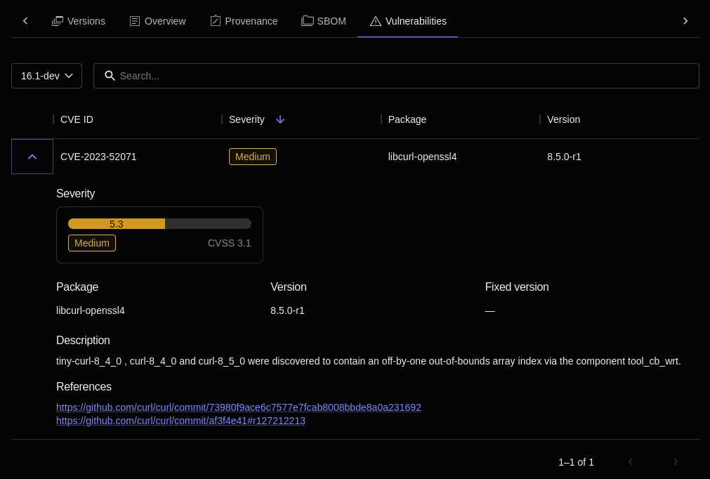 Screenshot showing the expanded view of the &ldquo;CVE-20234-52071&rdquo; vulnerability. This expanded view includes a brief description of the CVE as well as some reference links.